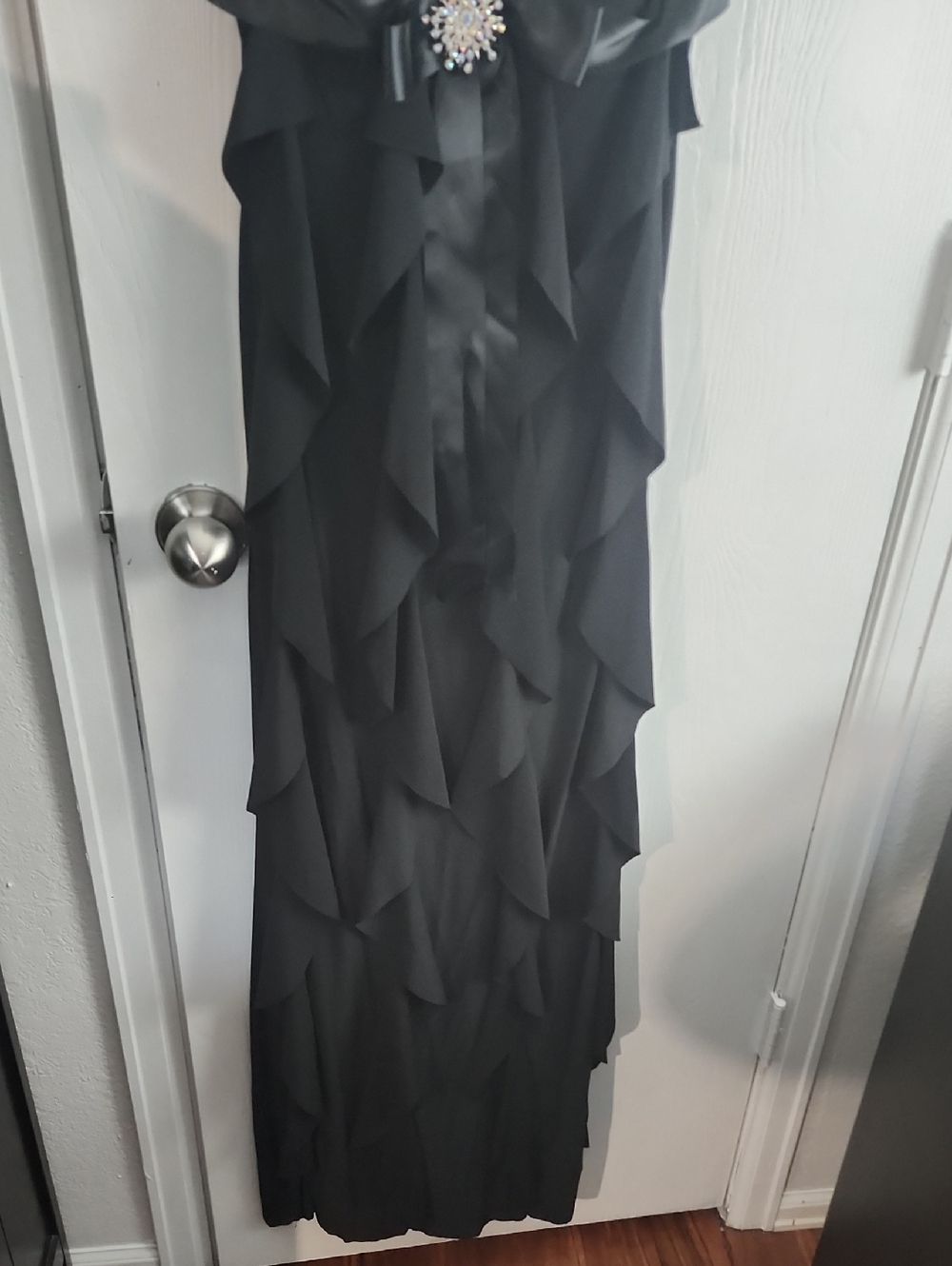 Betsy & Adam Black Ruffle Maxi Dress with Jeweled Accent - Picture 3 of 7